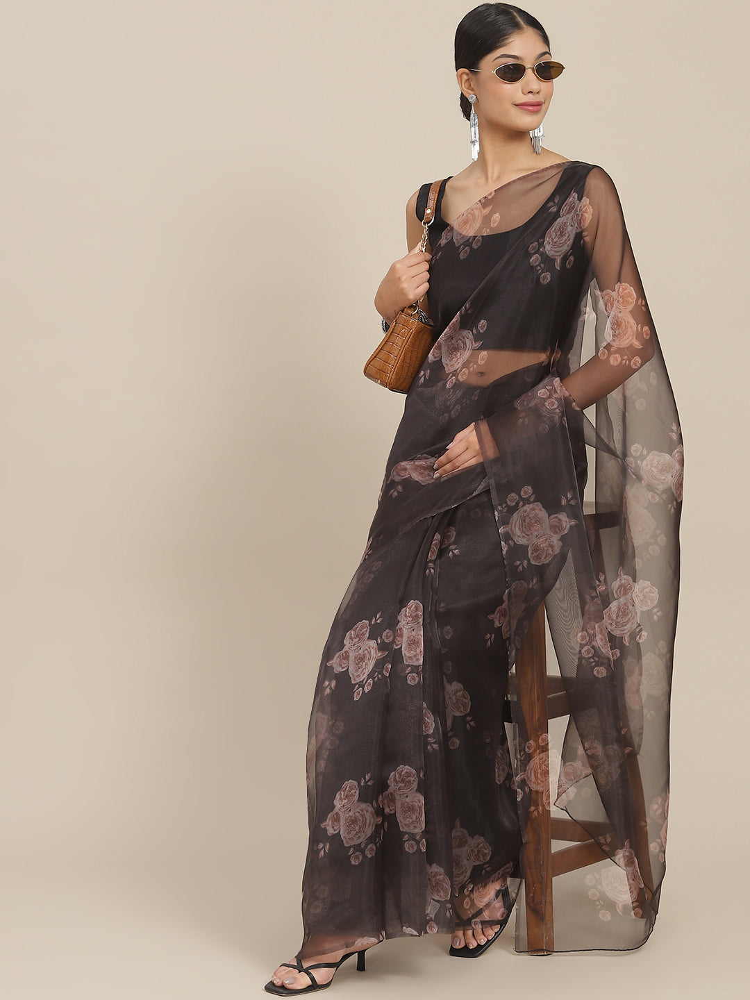 Ishin Women's Organza Black Printed Saree With Blouse Piece