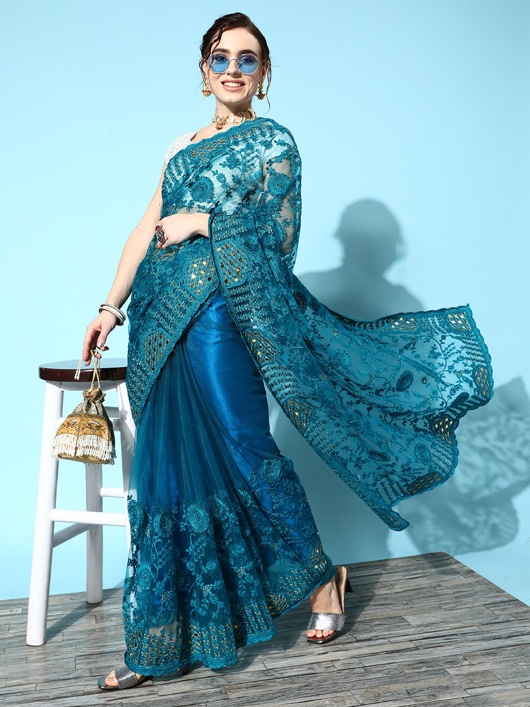 Ishin Women's Net Teal Embroidered Saree With Blouse Piece