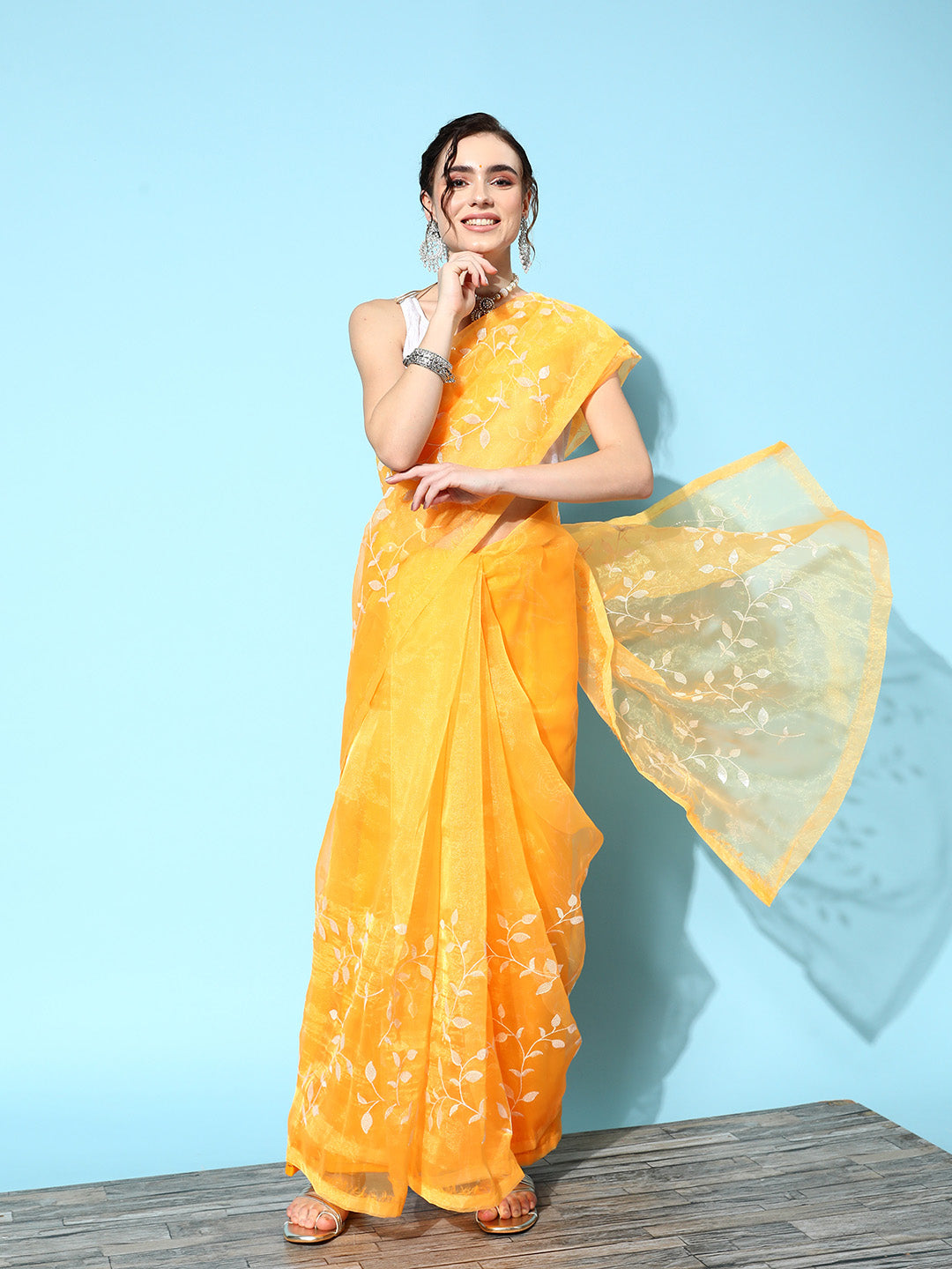 Ishin Women's Organza Yellow Embroidered Saree With Blouse Piece