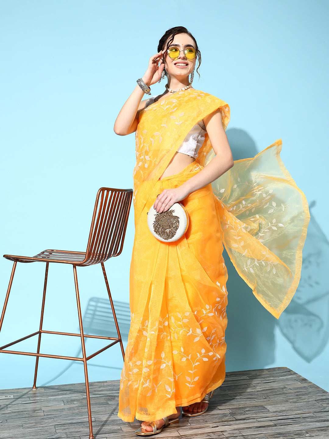 Ishin Women's Organza Yellow Embroidered Saree With Blouse Piece