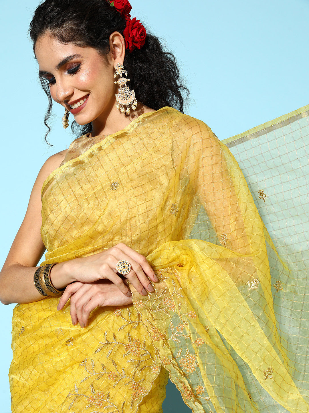 Ishin Women's Cotton Blend Yellow Embroidered Saree With Blouse Piece