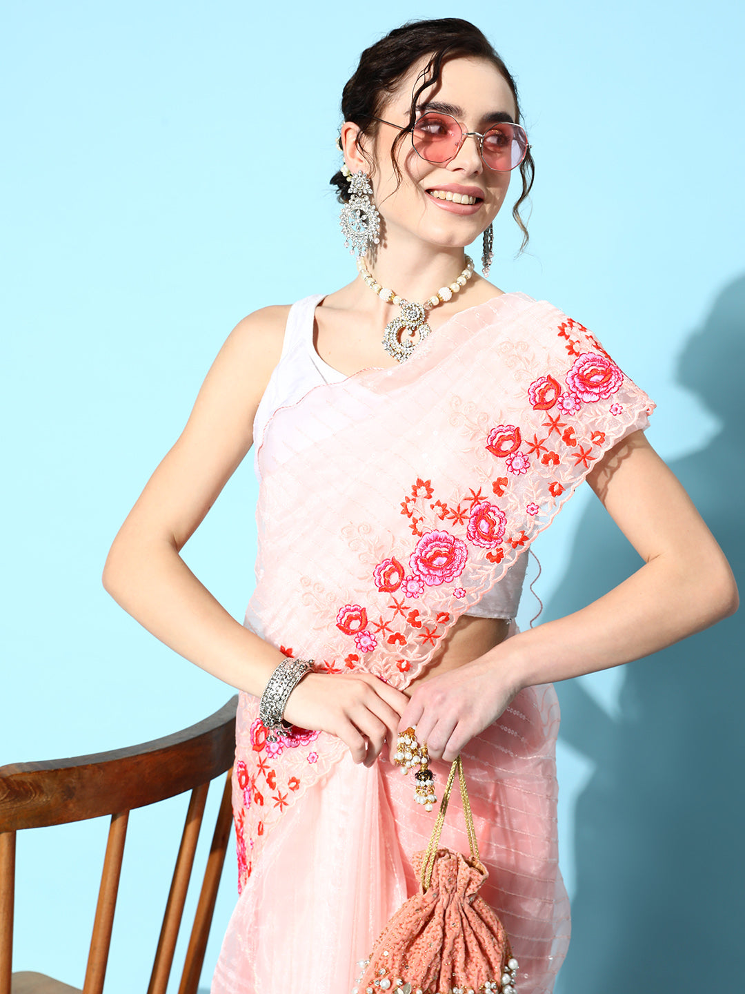 Ishin Women's Organza Peach Embellished Saree With Blouse Piece
