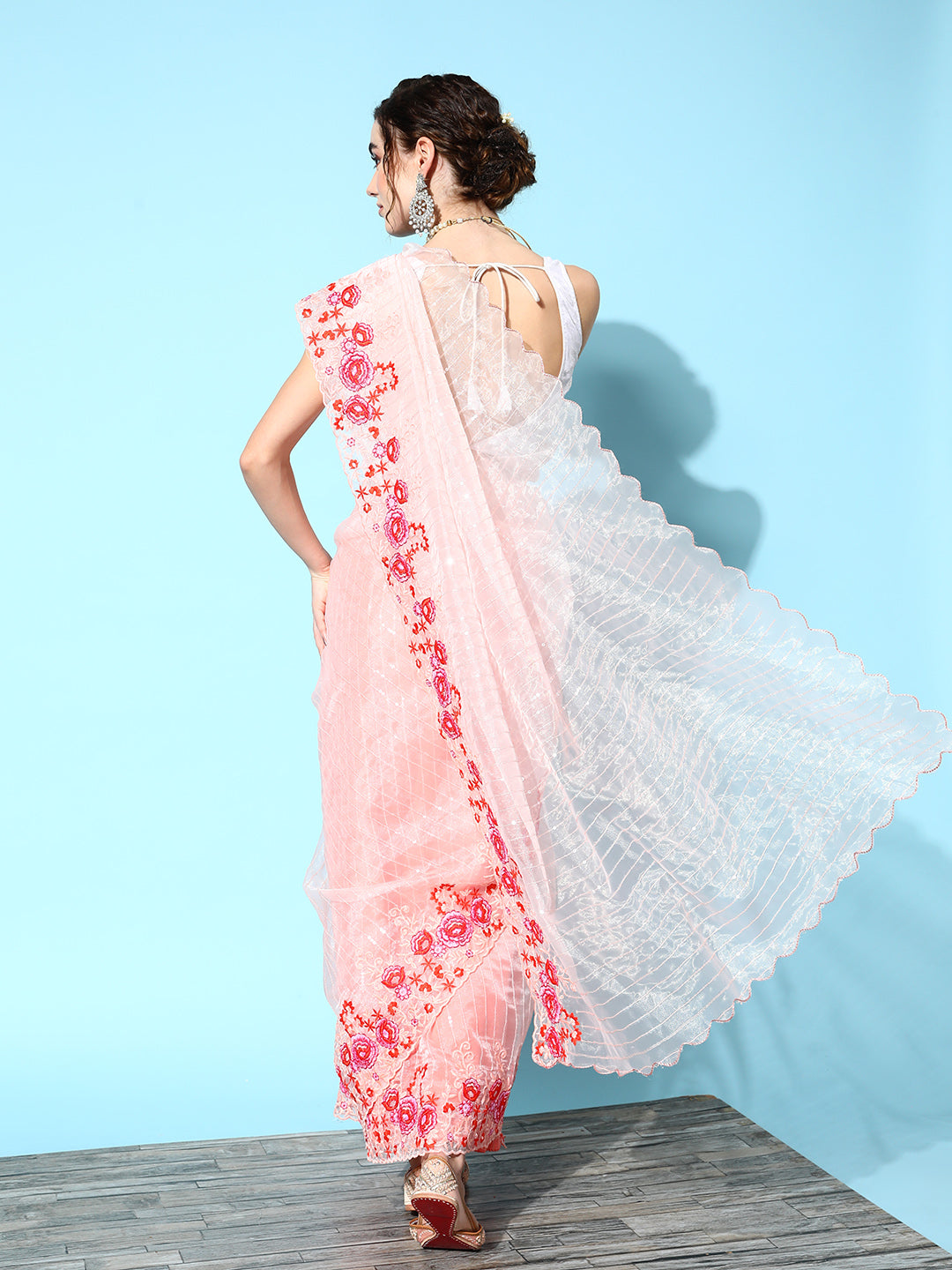 Ishin Women's Organza Peach Embellished Saree With Blouse Piece