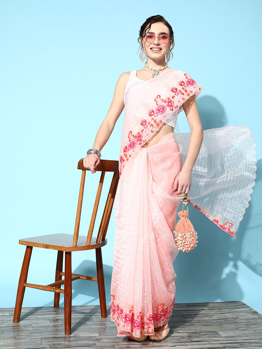 Ishin Women's Organza Peach Embellished Saree With Blouse Piece