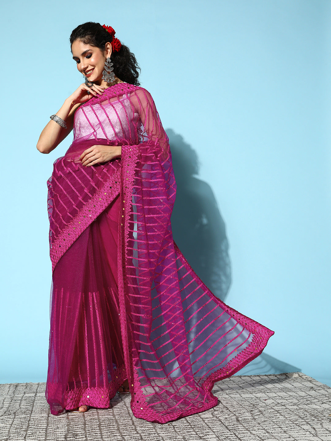 Ishin Women's Net Pink Embroidered Saree With Blouse Piece