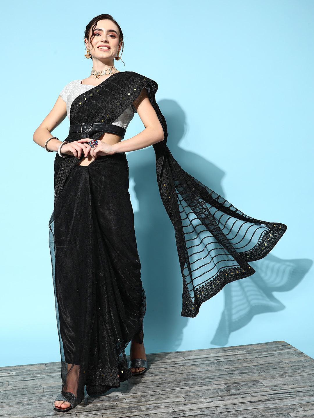 Ishin Women's Net Black Embroidered Saree With Blouse Piece