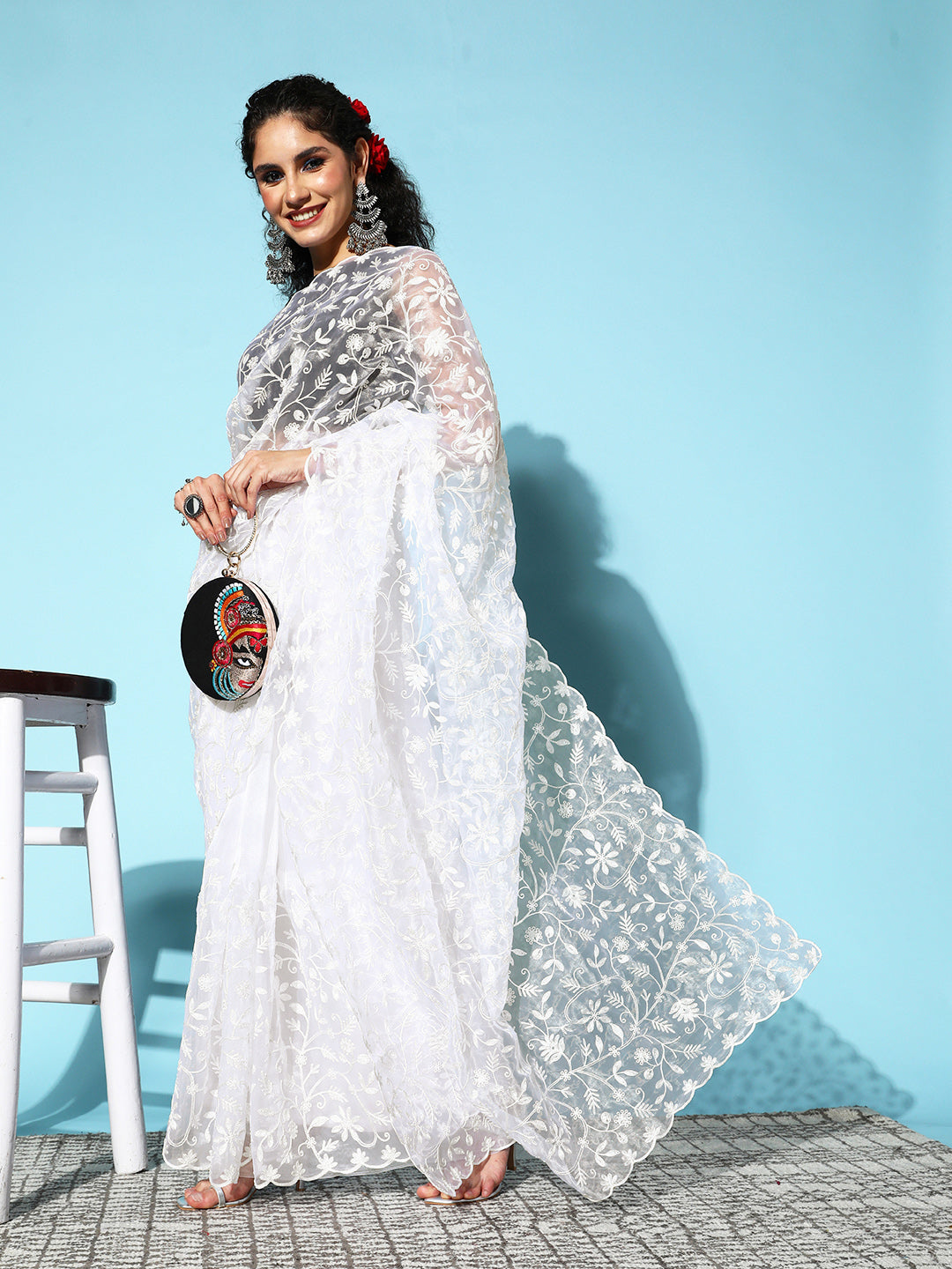 Ishin Women's Organza White Embroidered Saree With Blouse Piece