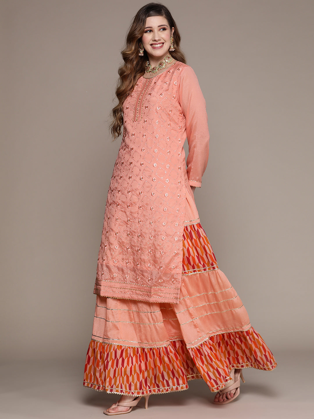 Ishin Women's Peach Embroidered Straight Kurta with Skirt & Dupatta