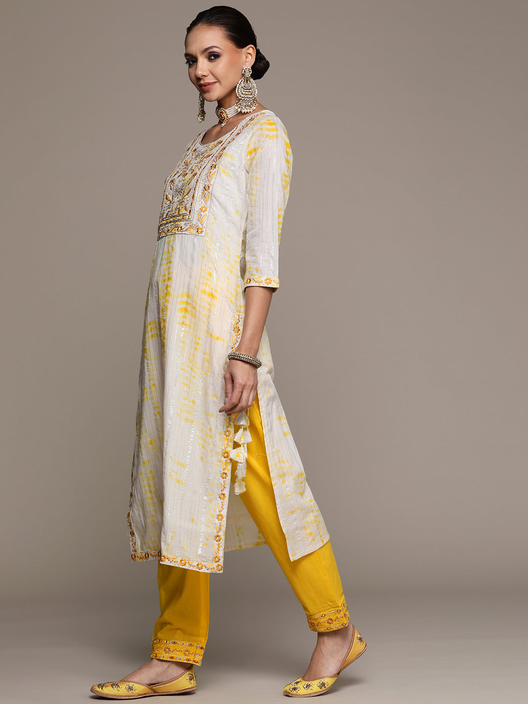 Ishin Women's Off White Embroidered Straight Kurta with Trouser & Dupatta