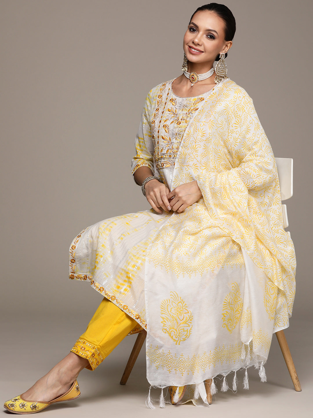 Ishin Women's Off White Embroidered Straight Kurta with Trouser & Dupatta
