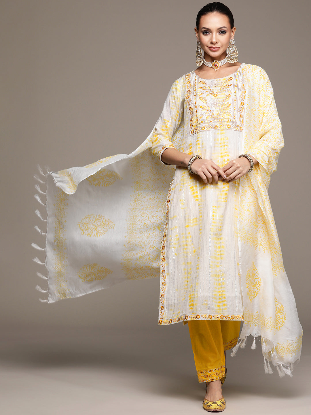 Ishin Women's Off White Embroidered Straight Kurta with Trouser & Dupatta