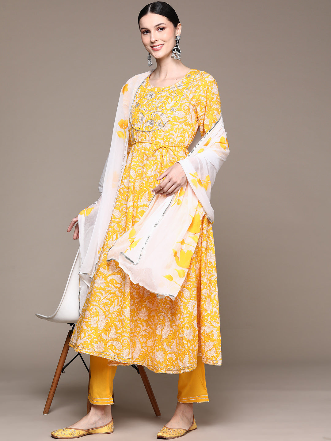 Ishin Women's Yellow Embroidered Anarkali Kurta with Trouser & Dupatta