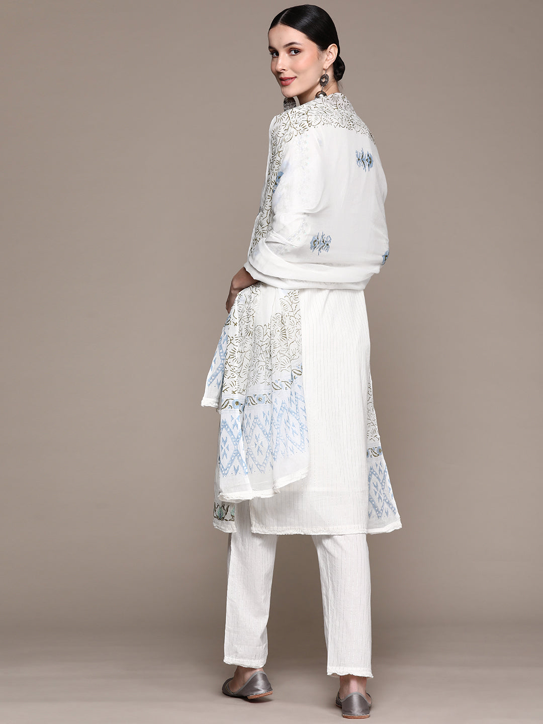 Ishin Women's White Embroidered A-Line Kurta with Trouser & Dupatta