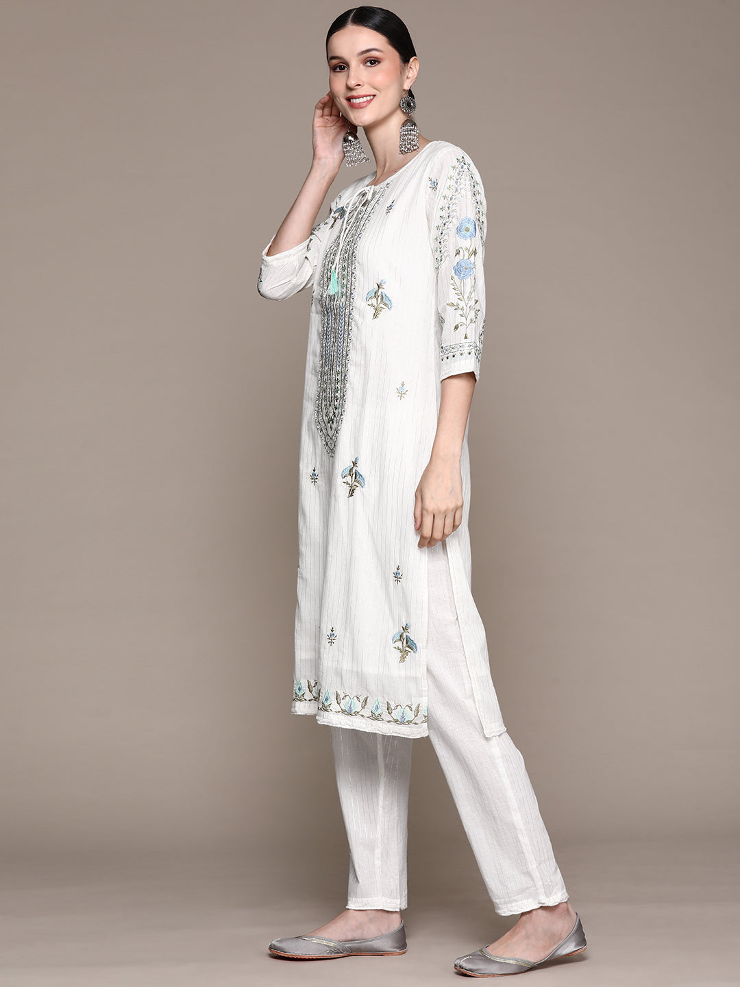 Ishin Women's White Embroidered A-Line Kurta with Trouser & Dupatta