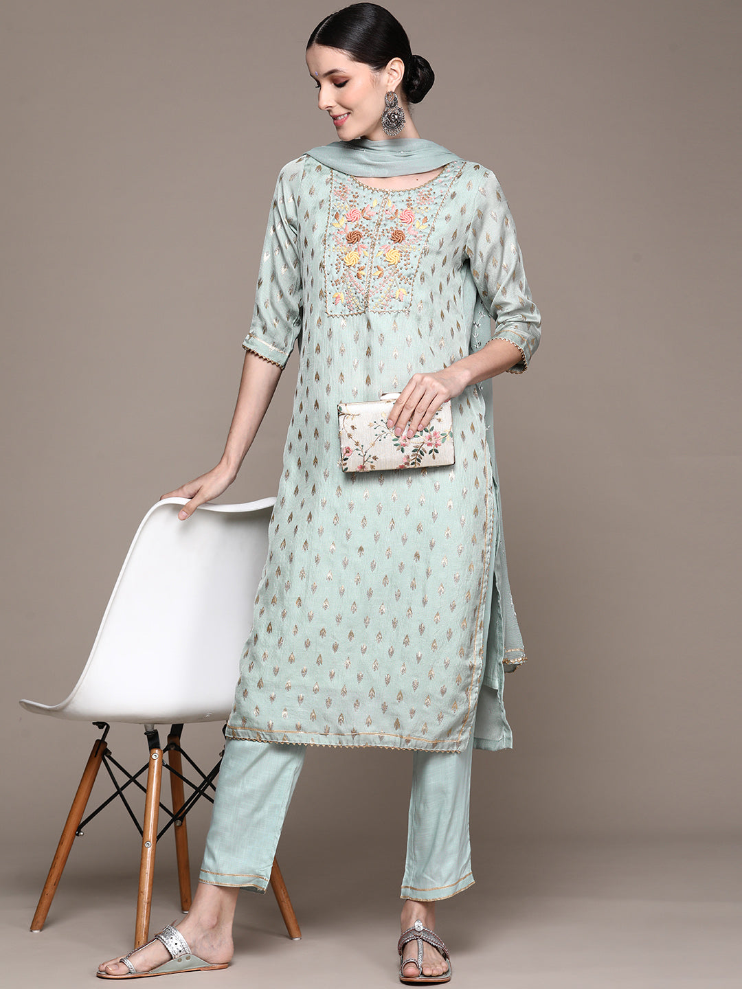 Ishin Women's Green Yoke Embroidered A-Line Kurta with Trouser & Dupatta