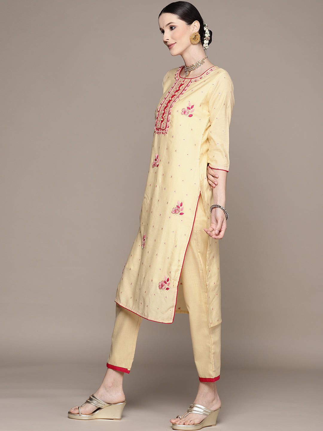 Ishin Women's Cream Embroidered A-Line Kurta with Trouser & Dupatta