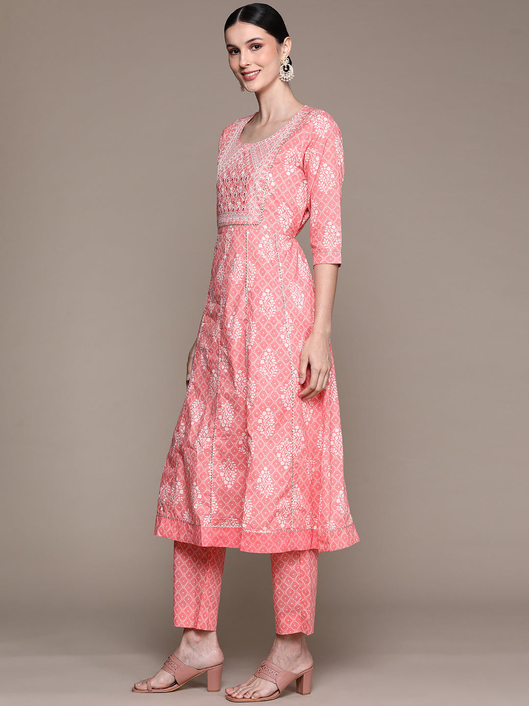 Ishin Women's Pink Embellished Bandhani Anarkali Kurta with Trouser & Dupatta