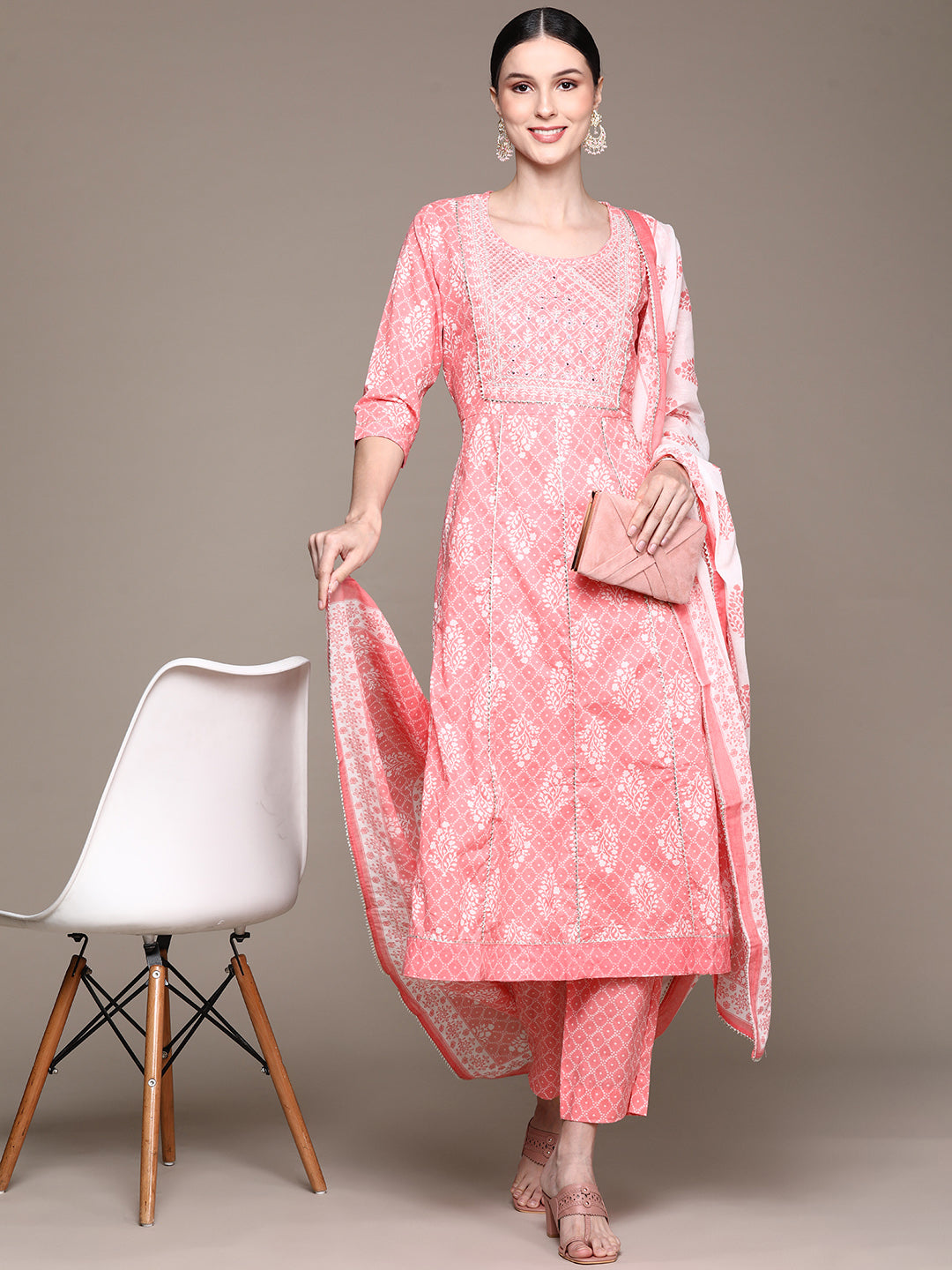 Ishin Women's Pink Embellished Bandhani Anarkali Kurta with Trouser & Dupatta