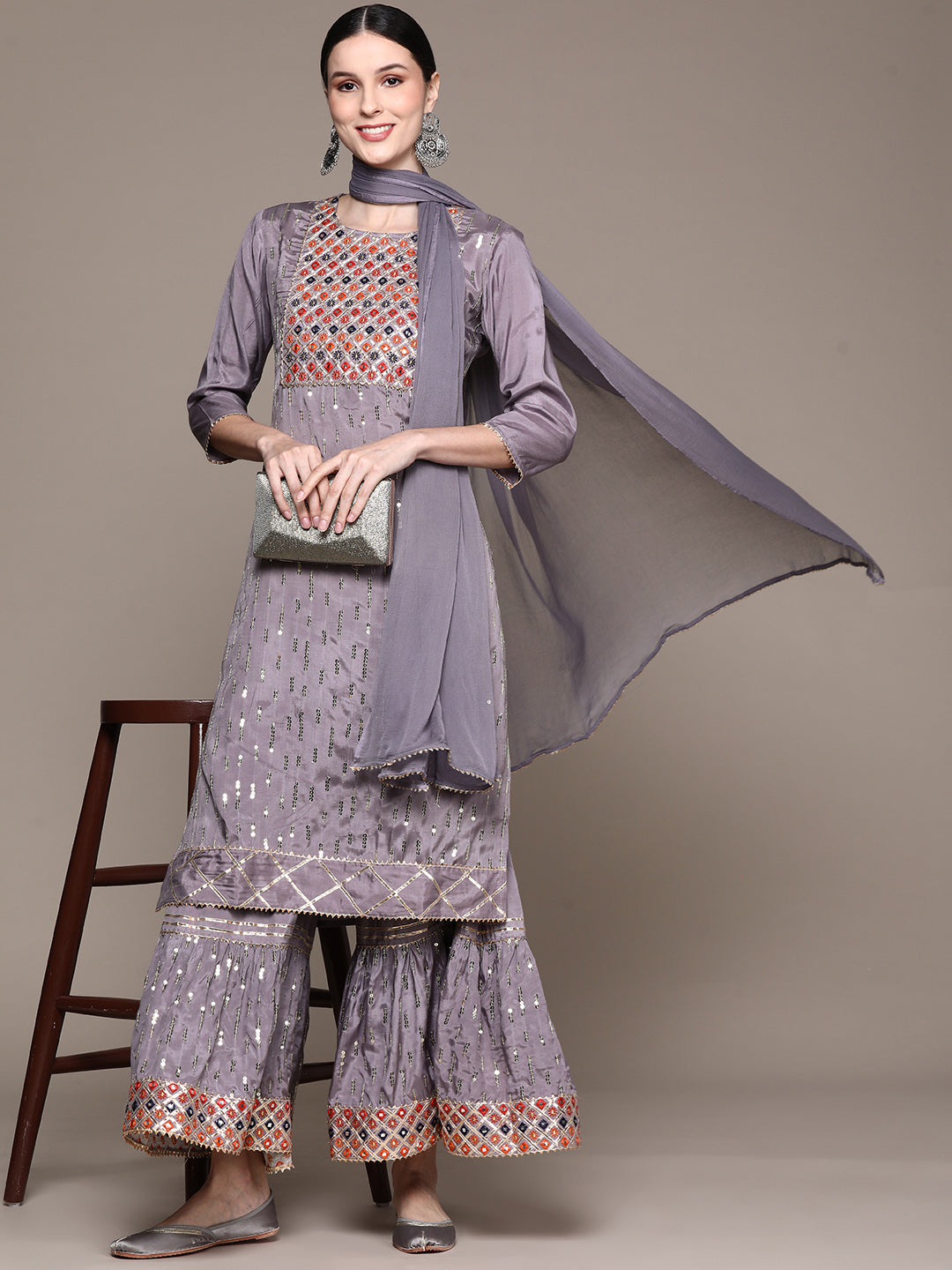 Ishin Women's Mauve Embellished A-Line Kurta with Sharara & Dupatta