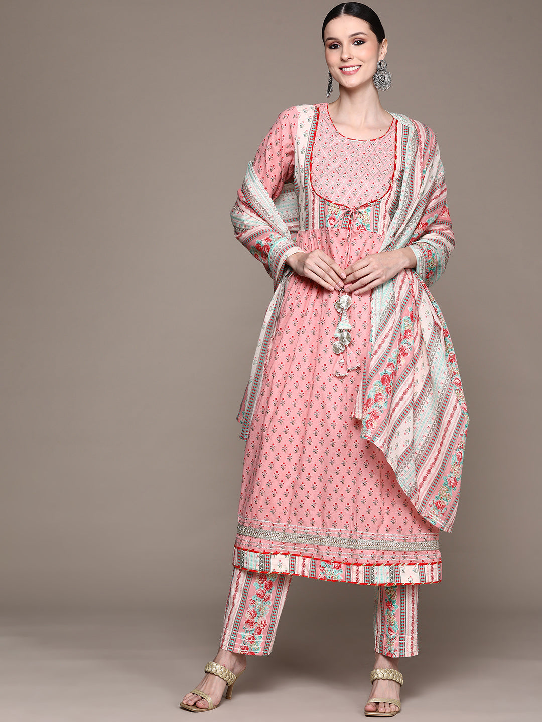 Ishin Women's Pink Zari Embroidered Anarkali Kurta with Trouser & Dupatta