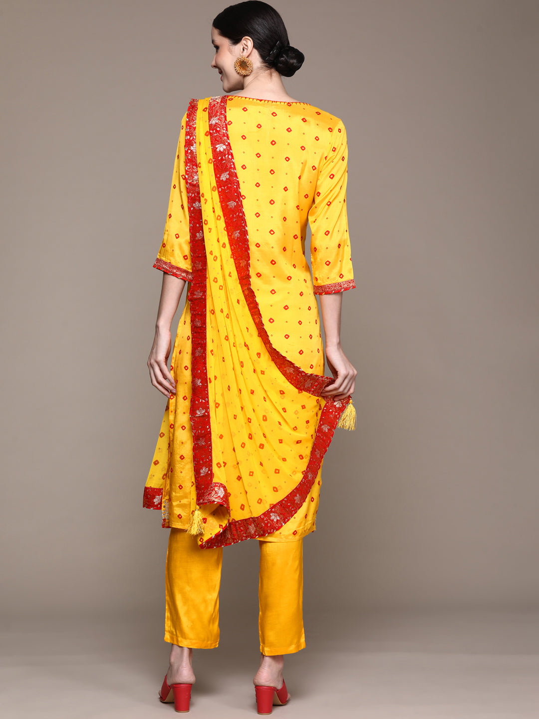 Ishin Women's Yellow Embroidered Bandhani A-Line Kurta with Trouser & Dupatta