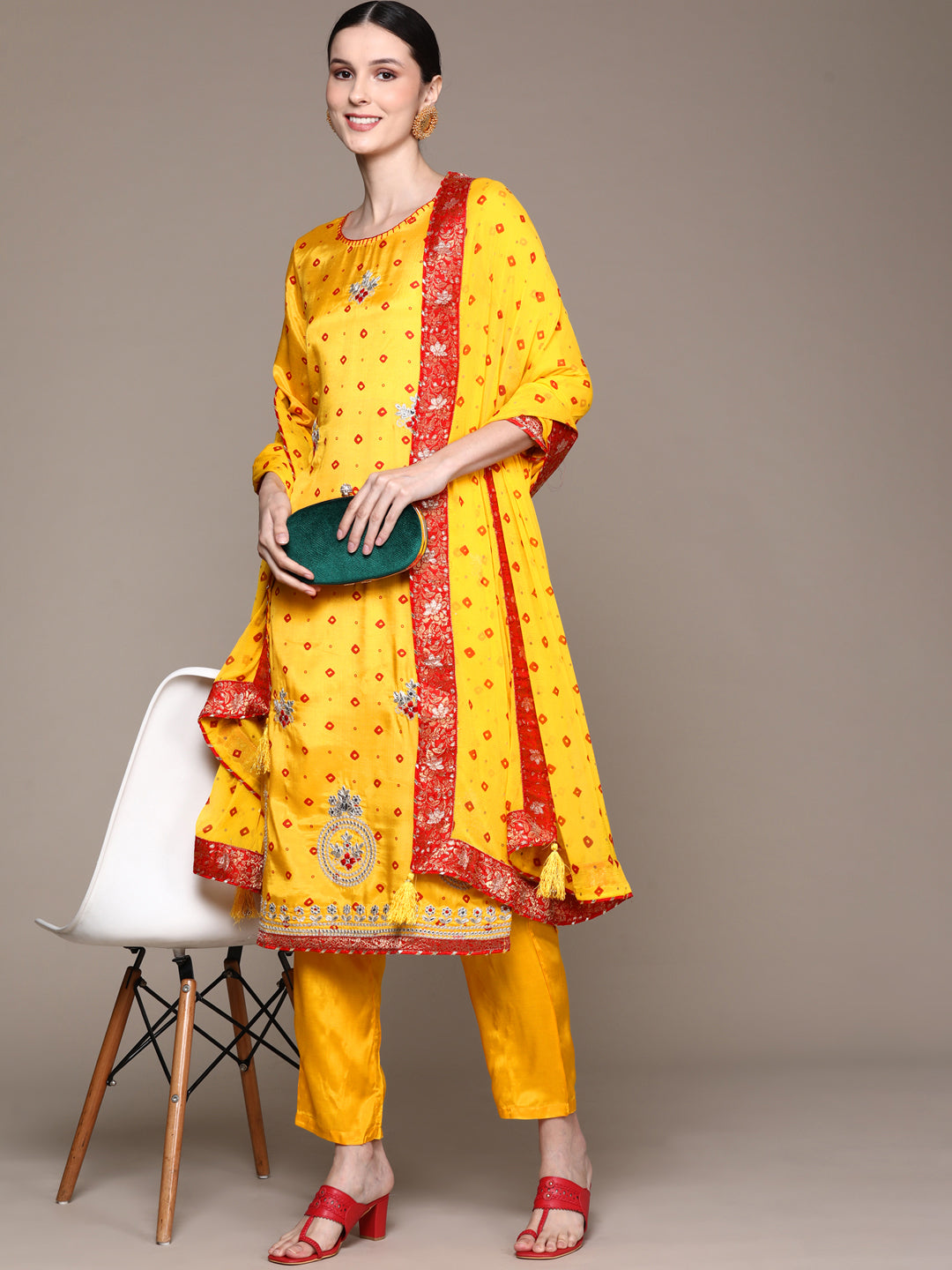 Ishin Women's Yellow Embroidered Bandhani A-Line Kurta with Trouser & Dupatta