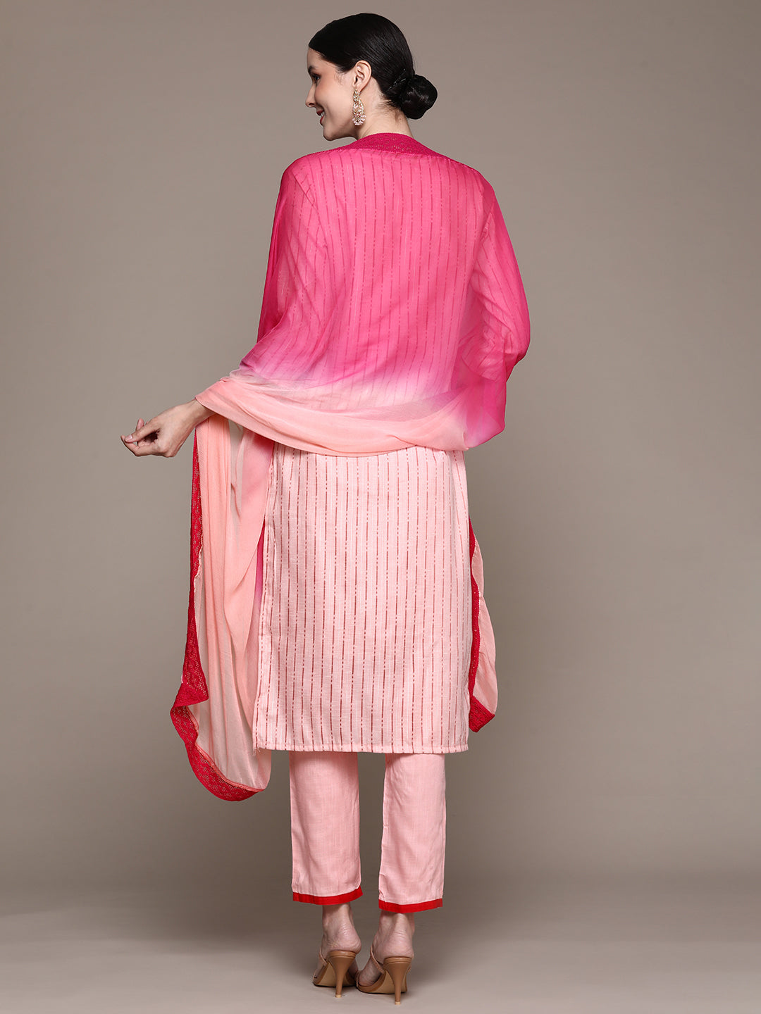 Ishin Women's Pink Embroidered Lurex A-Line Kurta with Trouser & Dupatta