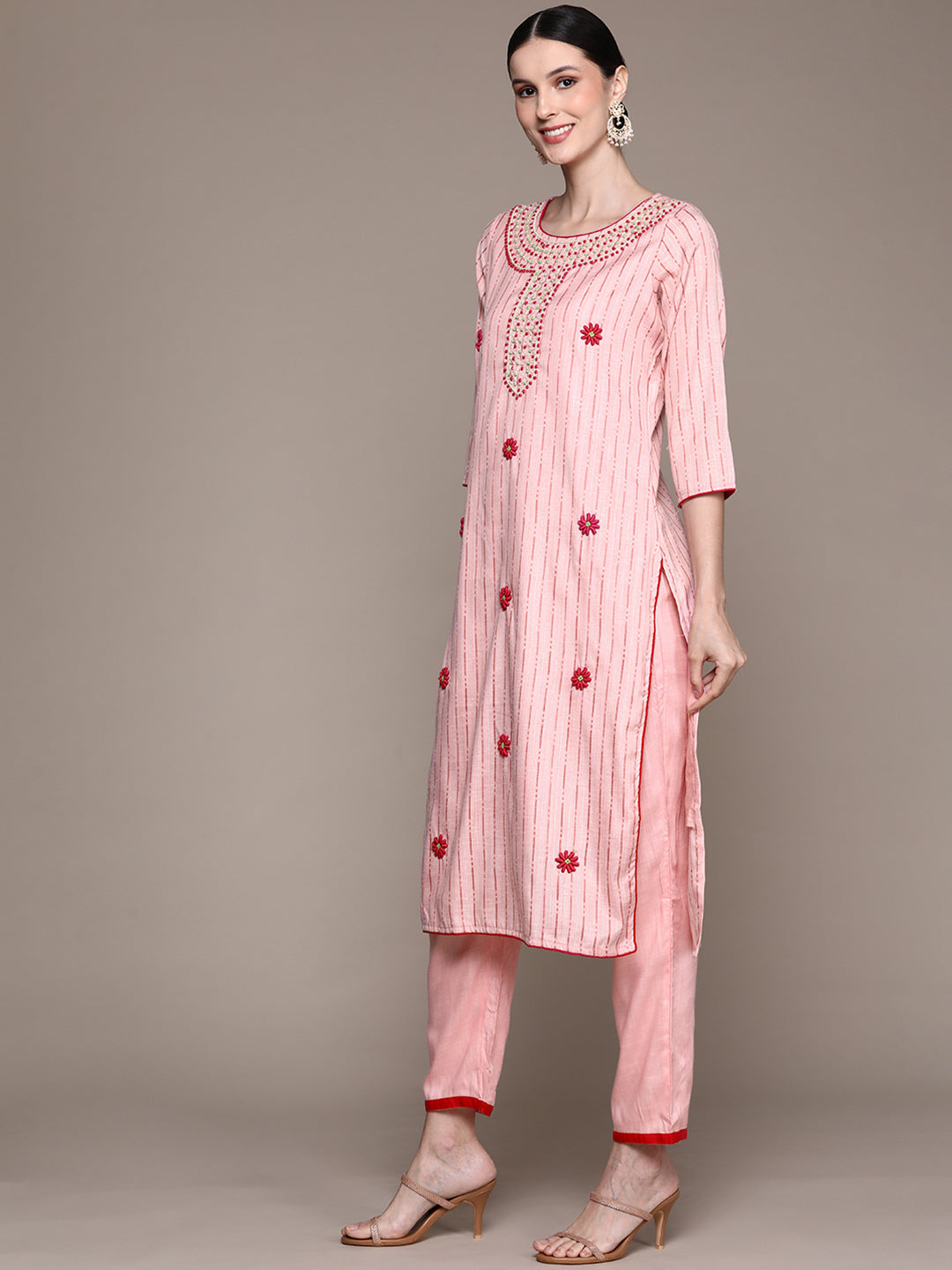 Ishin Women's Pink Embroidered Lurex A-Line Kurta with Trouser & Dupatta