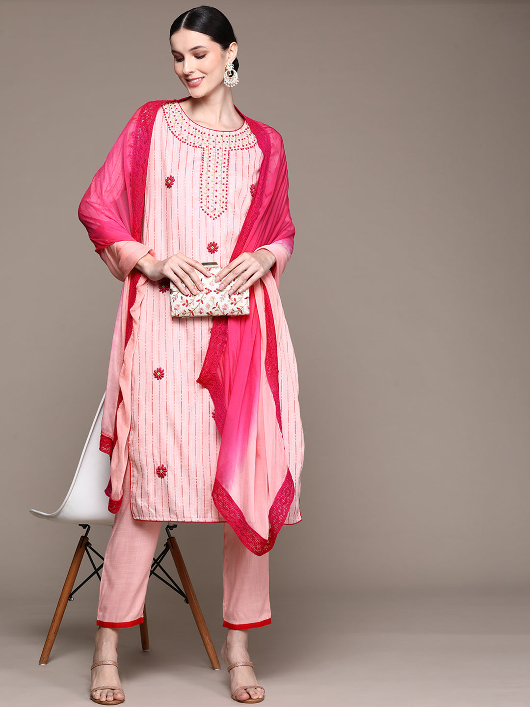 Ishin Women's Pink Embroidered Lurex A-Line Kurta with Trouser & Dupatta