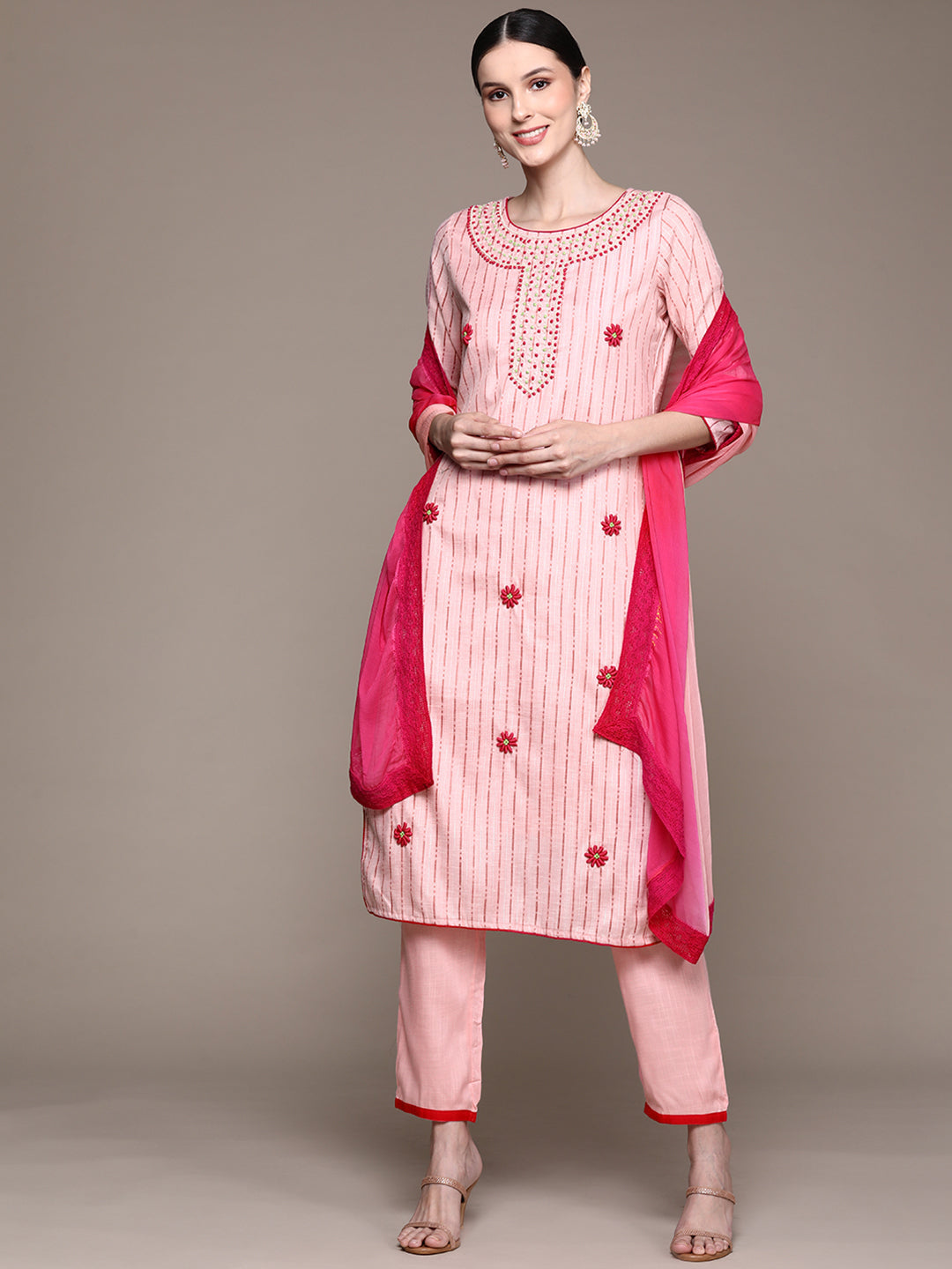 Ishin Women's Pink Embroidered Lurex A-Line Kurta with Trouser & Dupatta