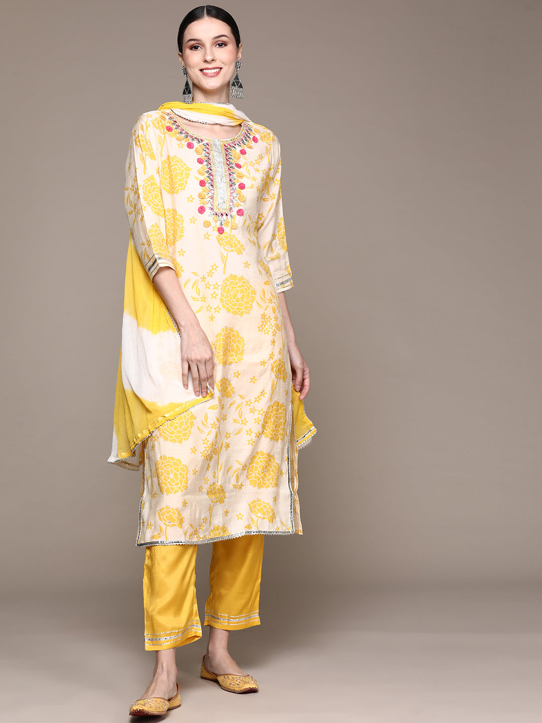 Ishin Women's Yellow Yoke Design A-Line Kurta with Trouser & Dupatta