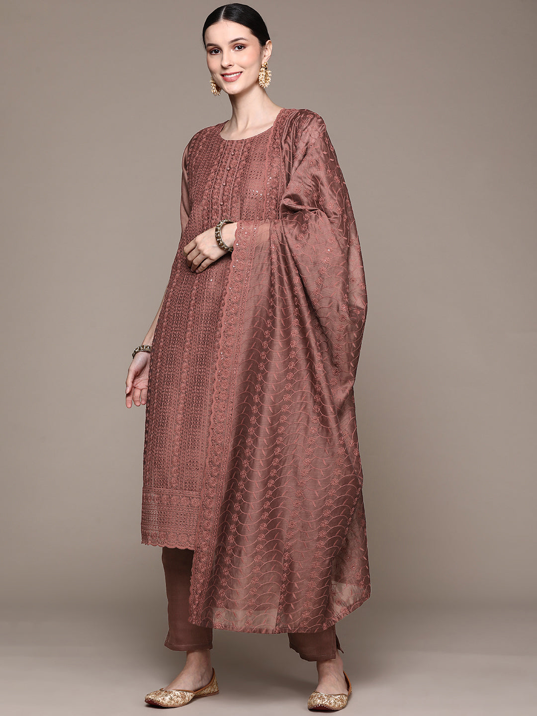 Ishin Women's Brown Embroidered A-Line Kurta with Trouser & Dupatta