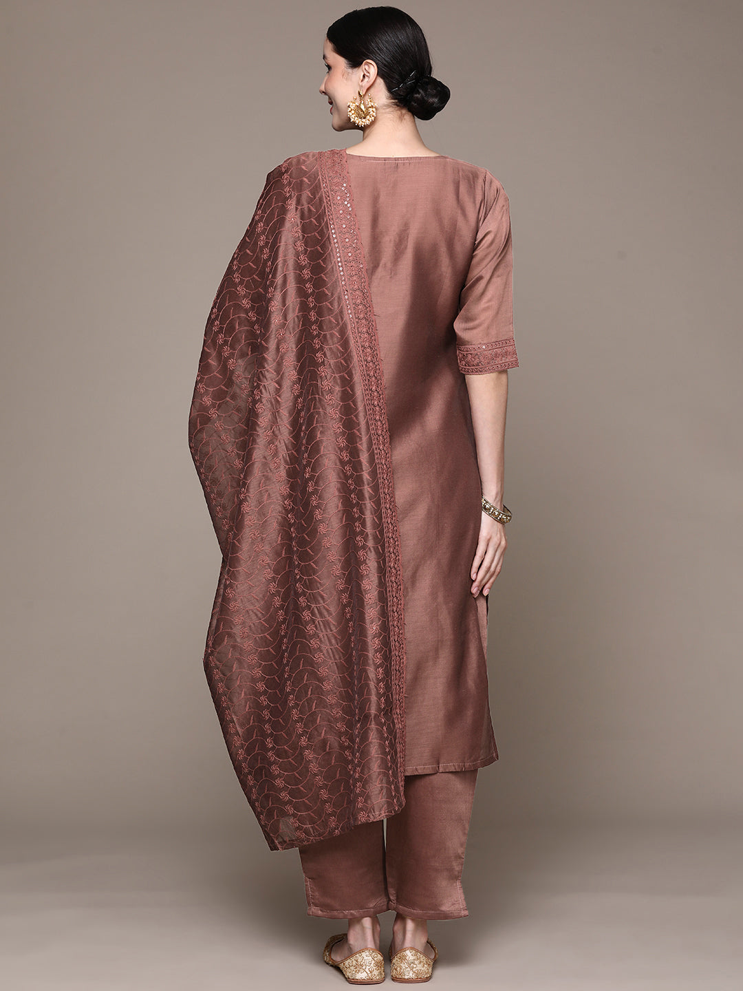 Ishin Women's Brown Embroidered A-Line Kurta with Trouser & Dupatta