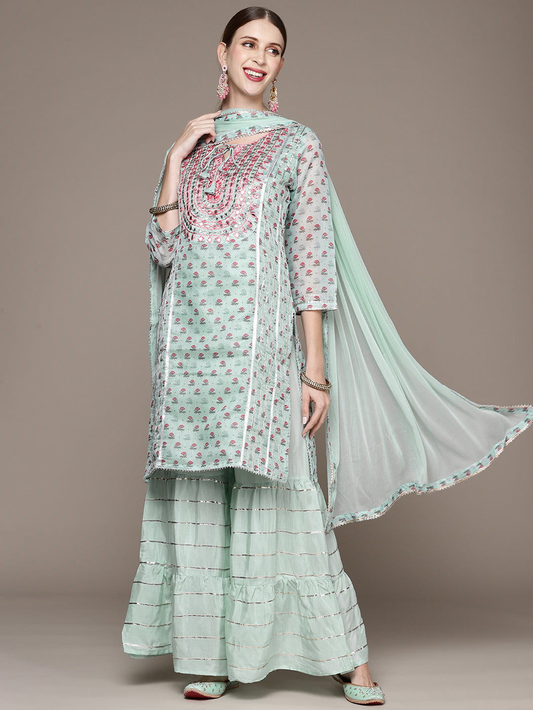 Ishin Women's Green Embroidered A-Line Kurta with Sharara & Dupatta