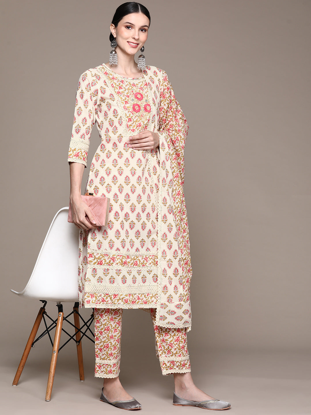 Ishin Women's White Embroidered A-Line Kurta with Trouser & Dupatta