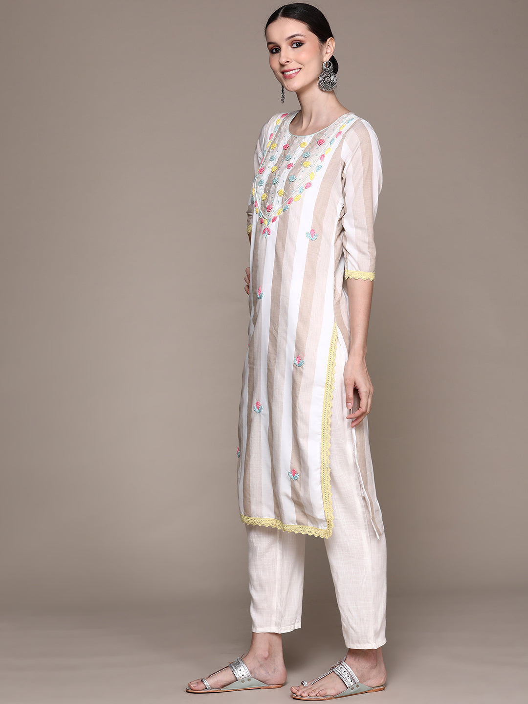 Ishin Women's White Embroidered Straight Kurta with Trouser & Dupatta