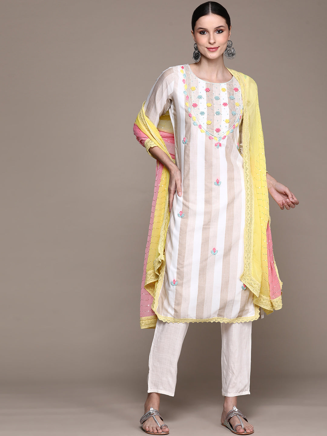 Ishin Women's White Embroidered Straight Kurta with Trouser & Dupatta
