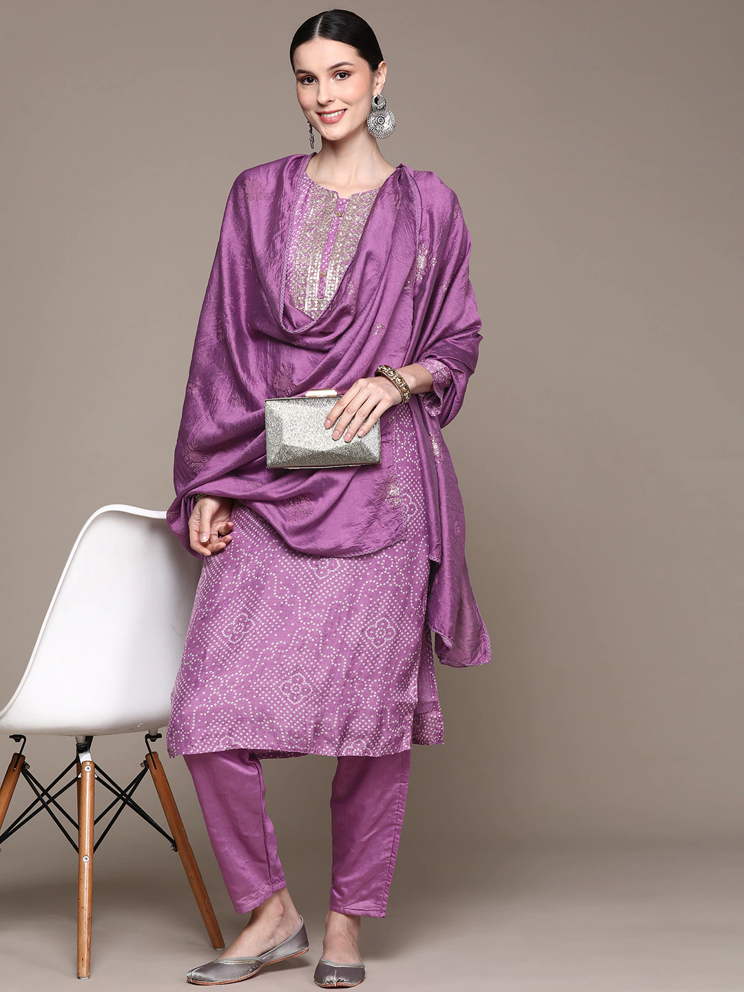 Ishin Women's Purple Yoke Embellished Bandhani A-Line Kurta with Trouser & Dupatta