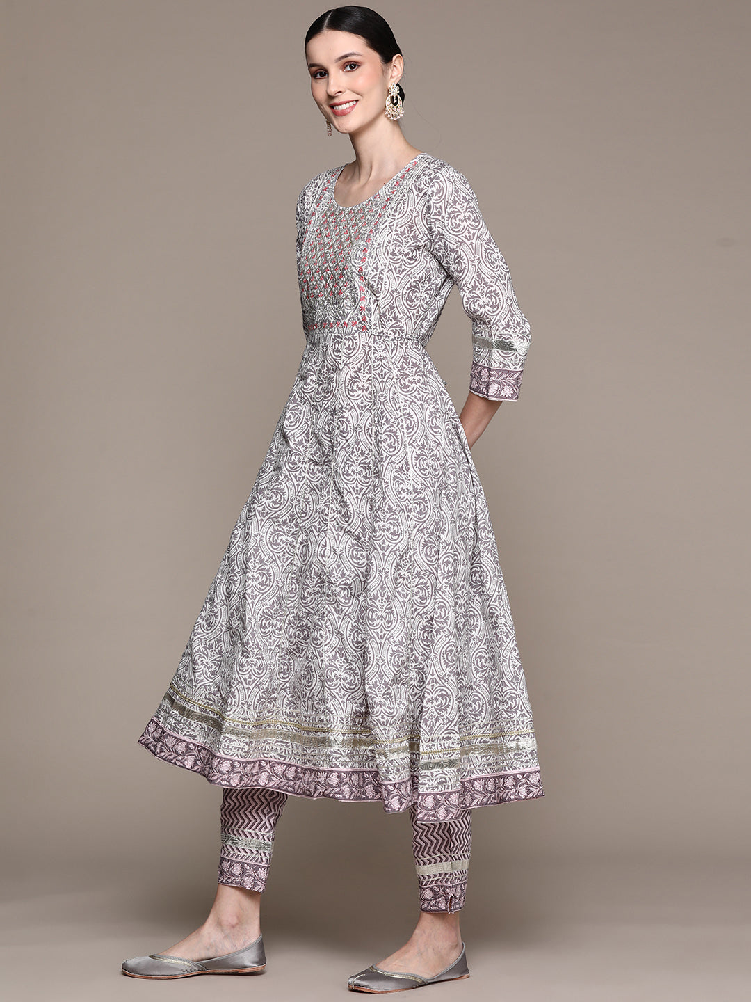 Ishin Women's Purple Yoke Embellished Anarkali Kurta with Trouser & Dupatta