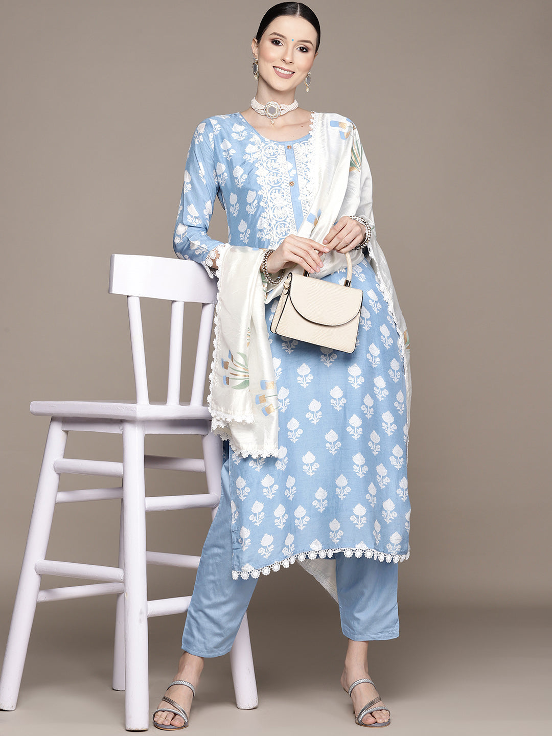 Ishin Women's Blue Yoke Embroidered Straight Kurta with Trouser & Dupatta