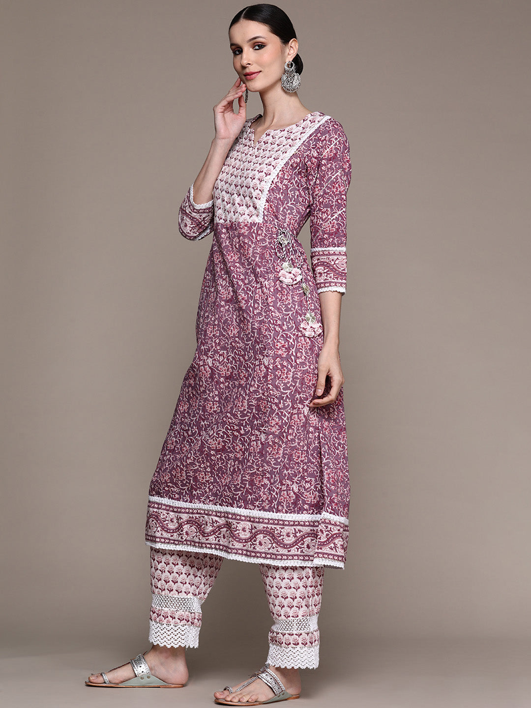 Ishin Women's Purple Embellished Anarkali Kurta with Trouser & Dupatta