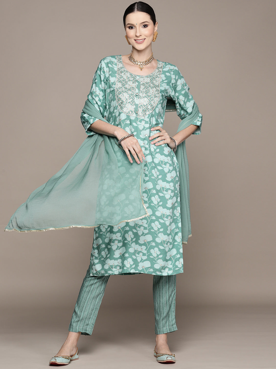 Ishin Women's Green Embellished A-Line Kurta with Trouser & Dupatta