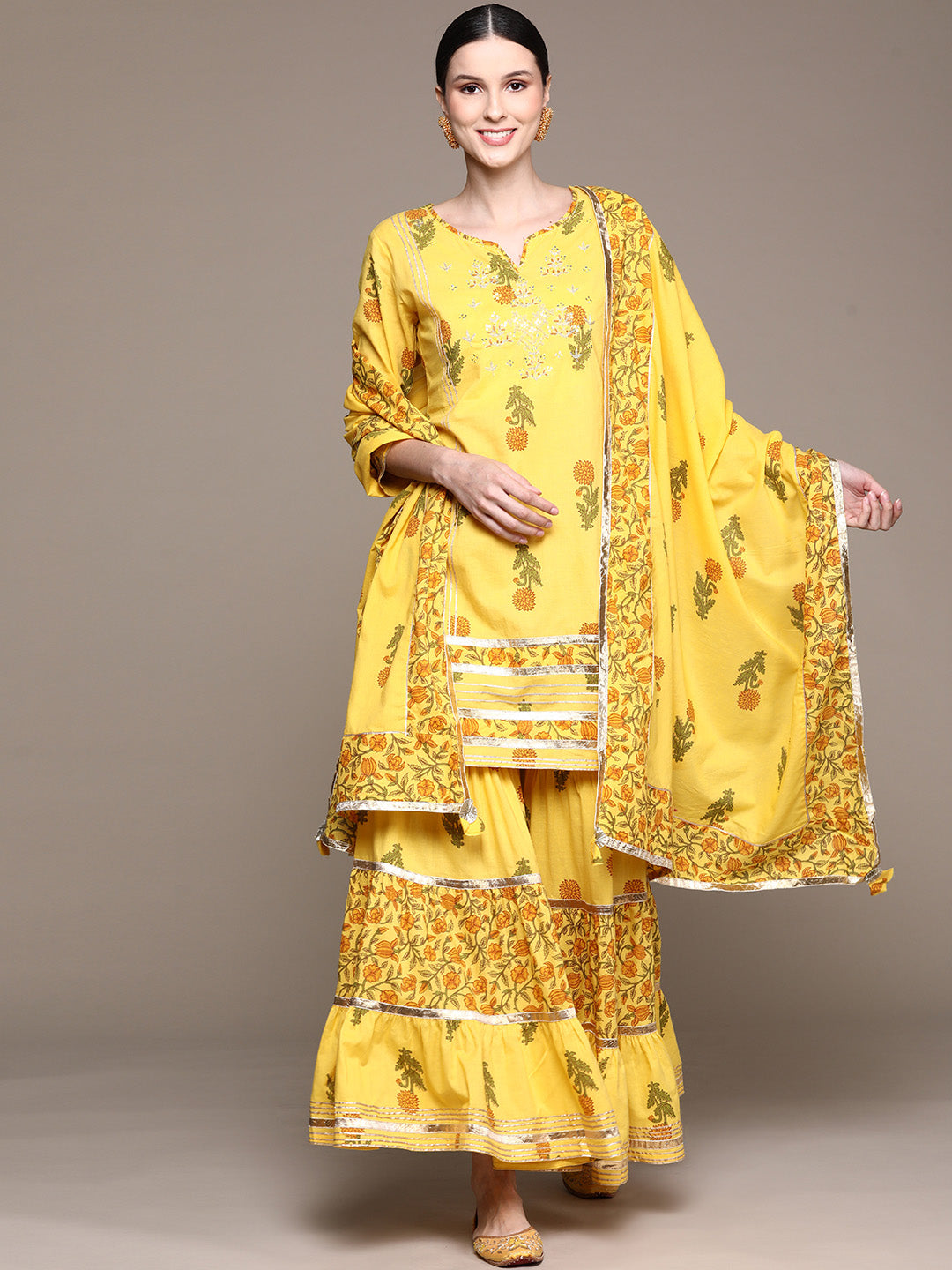 Ishin Women's Yellow Zari Embroidered A-Line Kurta with Sharara & Dupatta