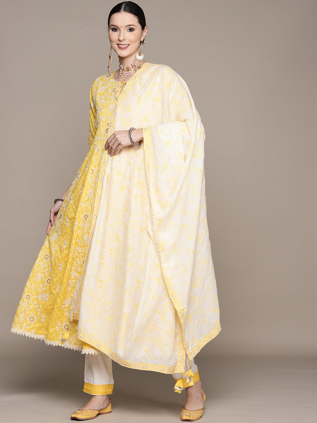 Ishin Women's Yellow Embroidered Anarkali Kurta with Trouser & Dupatta