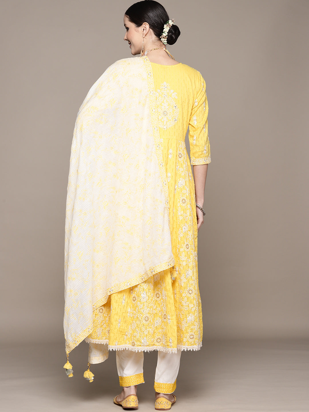 Ishin Women's Yellow Embroidered Anarkali Kurta with Trouser & Dupatta