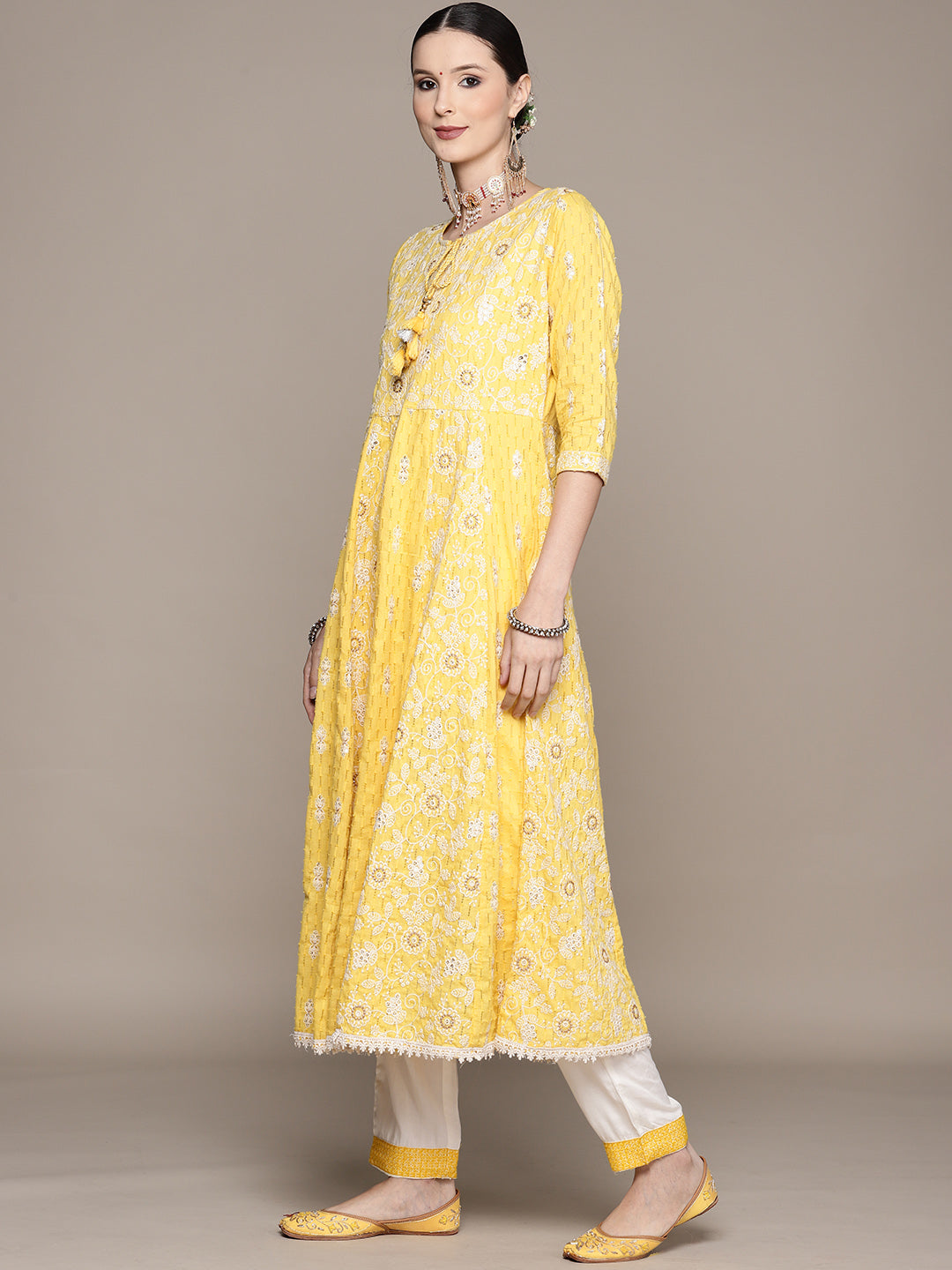 Ishin Women's Yellow Embroidered Anarkali Kurta with Trouser & Dupatta