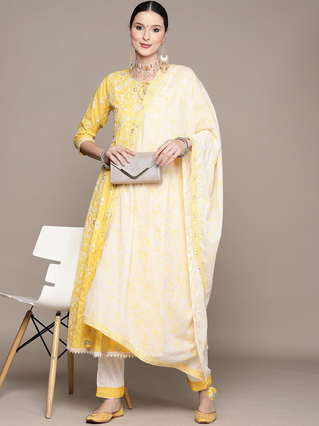 Ishin Women's Yellow Embroidered Anarkali Kurta with Trouser & Dupatta