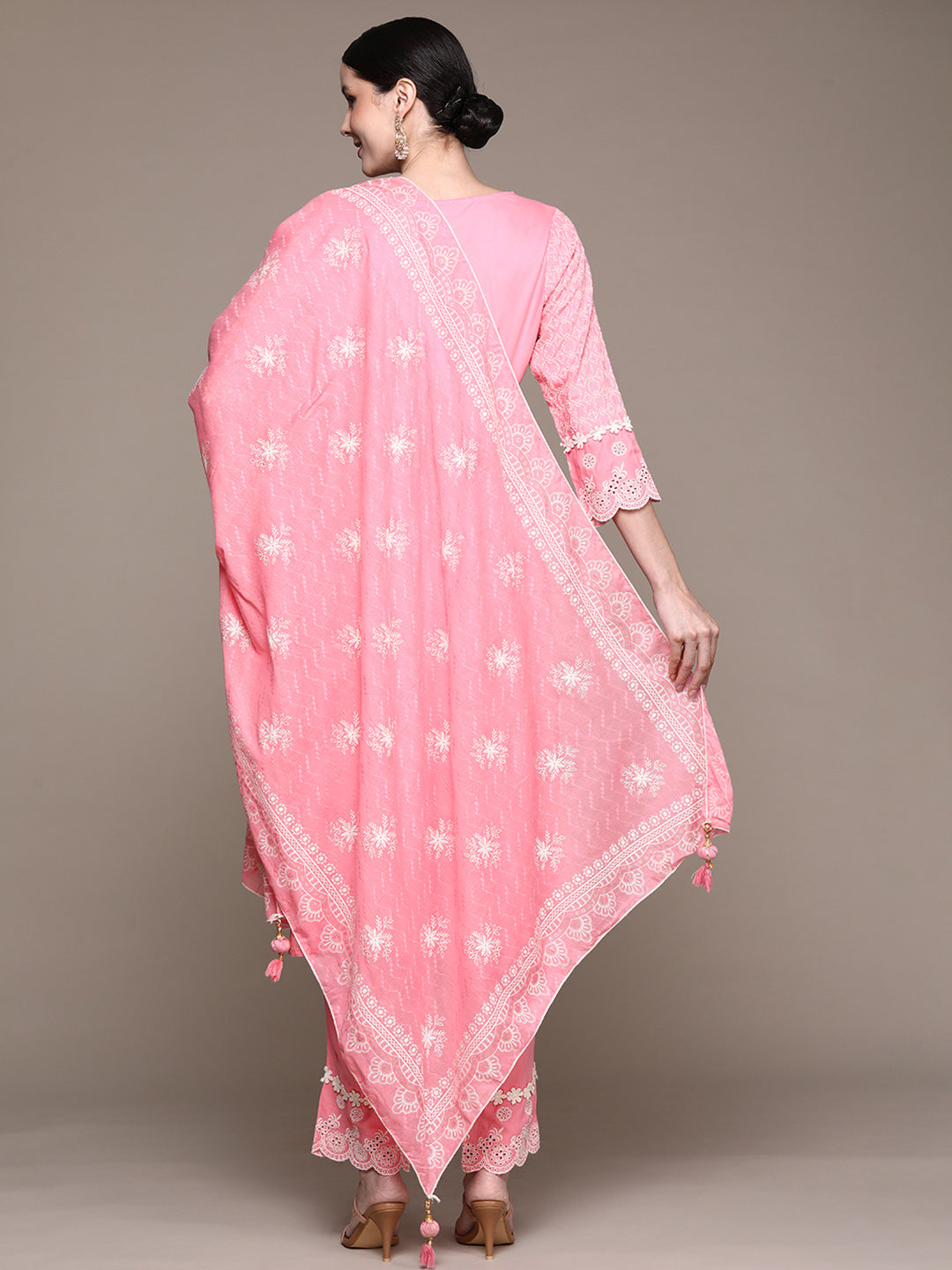 Ishin Women's Pink Embroidered A-Line Kurta with Trouser & Dupatta