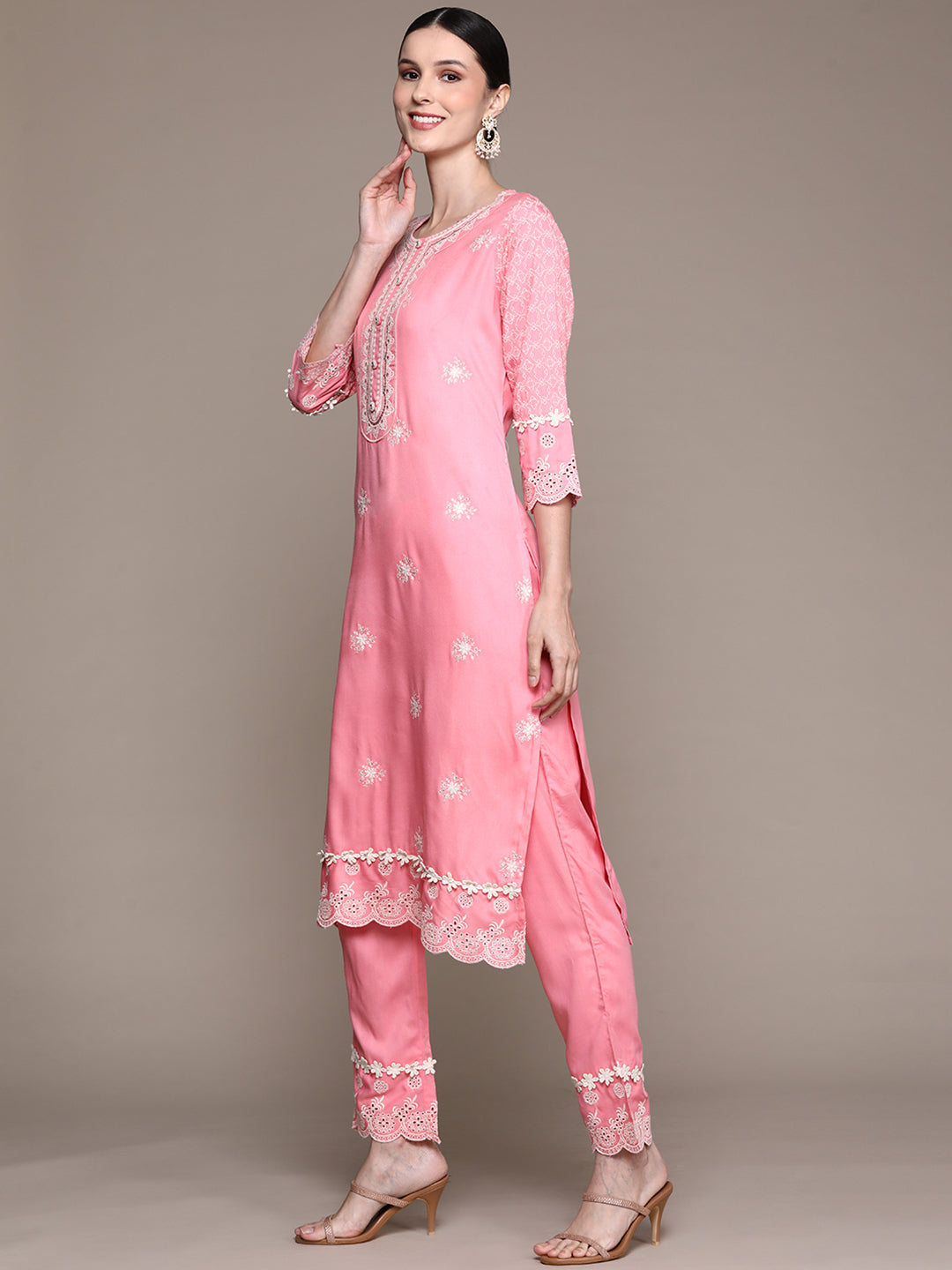 Ishin Women's Pink Embroidered A-Line Kurta with Trouser & Dupatta