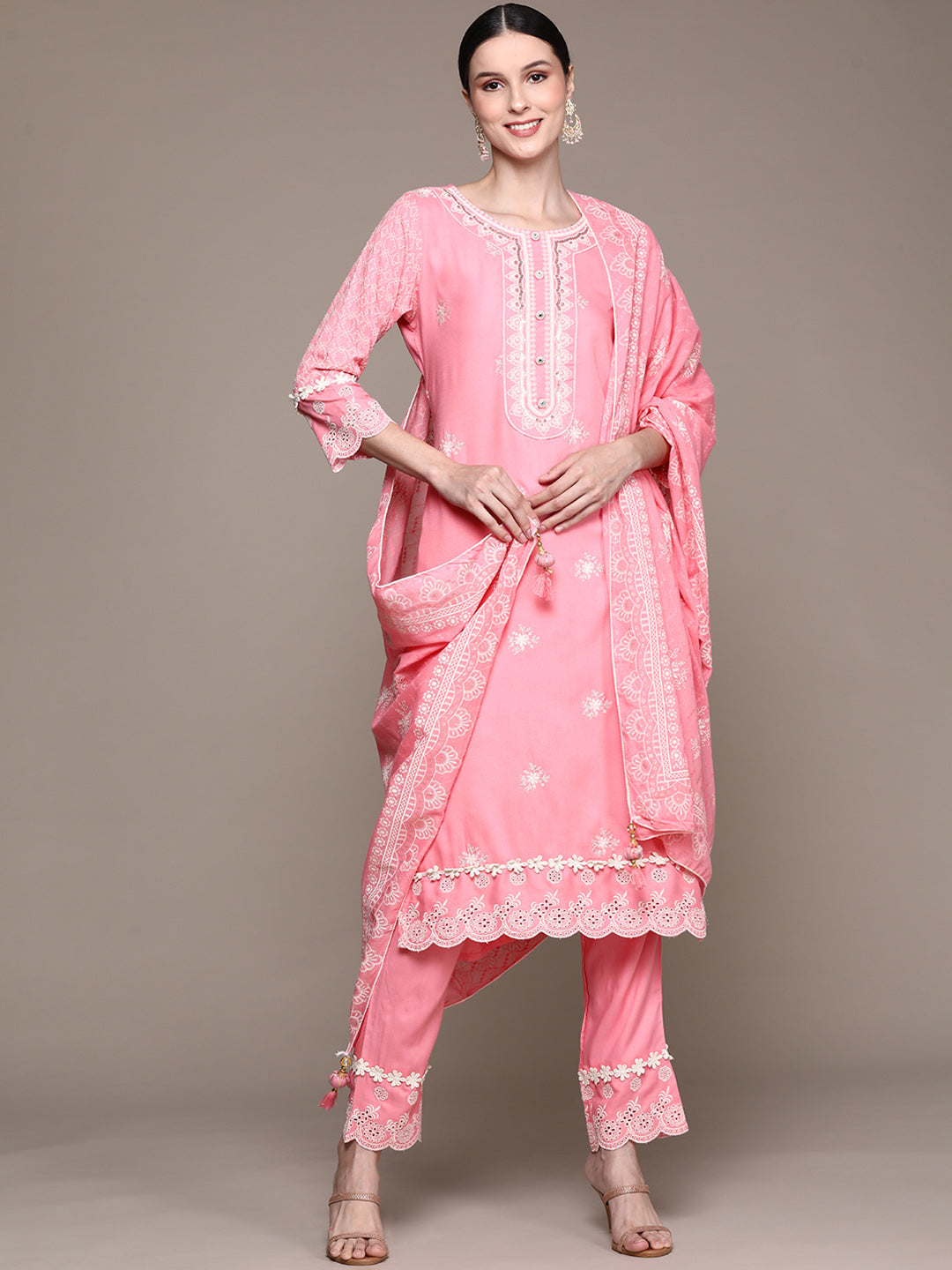 Ishin Women's Pink Embroidered A-Line Kurta with Trouser & Dupatta